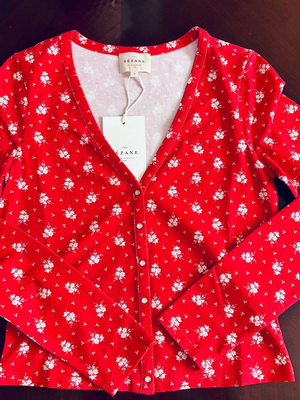 Sezane Nady Red Floral Button-Front Top, Medium